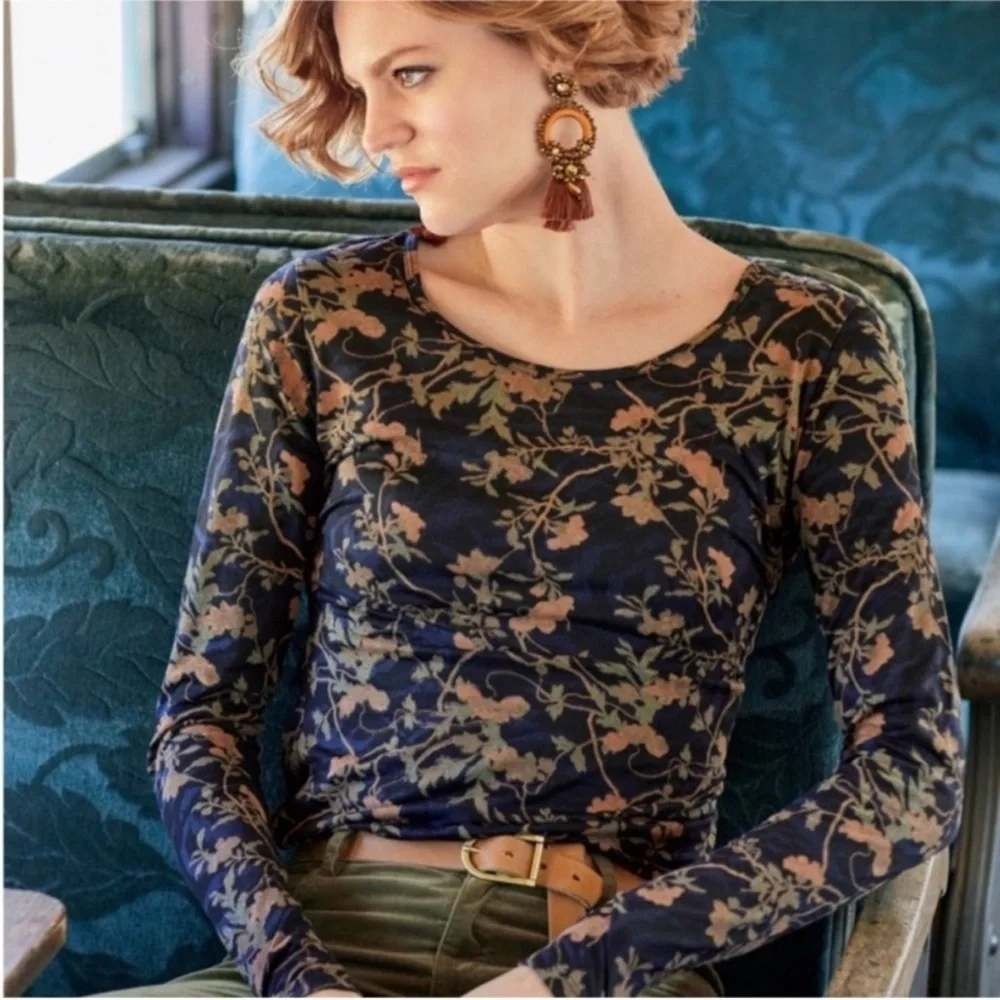 Peruvian Connection Peking Vine Pima Cotton Top Long Sleeve Knit Med Navy Floral